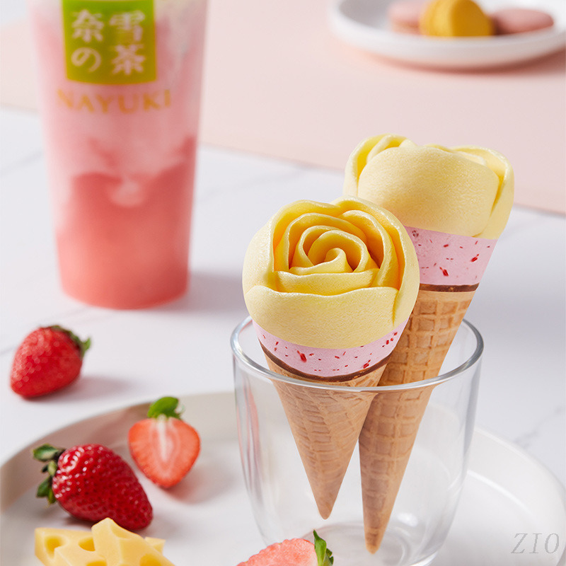 Beautifully piped soft serve ice cream in waffle cones demonstrating high structural stability