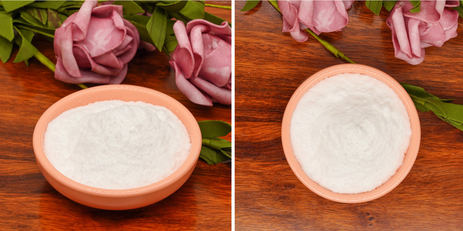 Pure white anhydrous dextrose powder in a pink bowl on a wooden surface, highlighting its fine texture and moisture-free composition