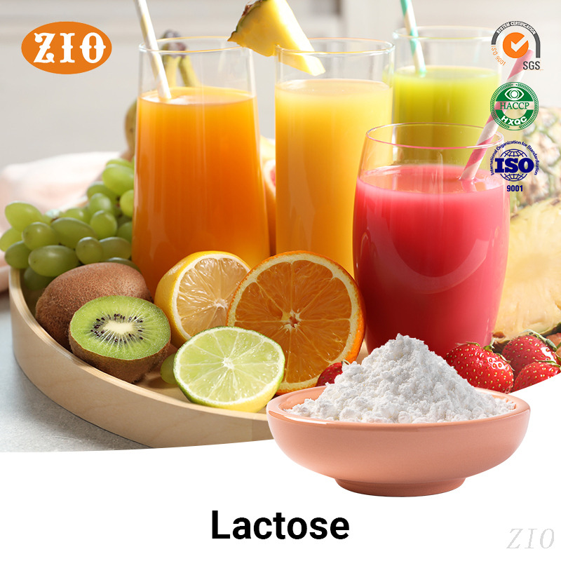 White crystalline Low-Calorie Weight-Management Lactitol powder on a wooden tray surrounded by fresh citrus fruits and juices